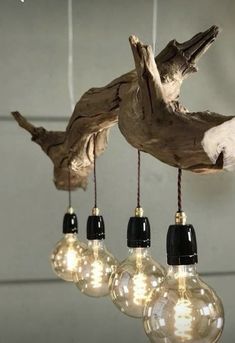 five light bulbs are hanging from a branch in the shape of a bird's head