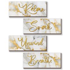 three gold and white marble wall plaques with the words relax, soak, mind breathe