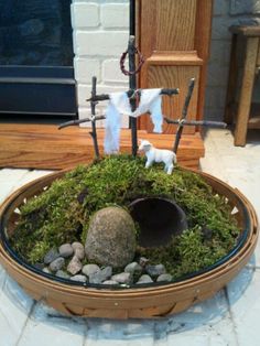 a bowl with moss and rocks in it