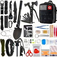 the contents of a survival kit including scissors, knifes, and other items are shown