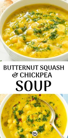 butternut squash and chickpea soup in a white bowl