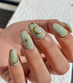 Renfest Nails, Cresent Moon Nail, Almond Nail Purple, Celebratory Nails, Simple Witchy Nails, Evermore Nails, Fantasy Nail Art, Nerdy Nails, Bohemian Nails