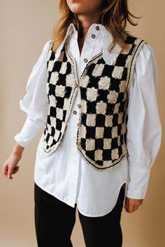 Pipe & Row Knit Vest - Black/Ecru Checker Vest Outfit, Stripe Vest Outfit, Crochet Vest Outfit, Checker Vest, Crochet Plaid, Waistcoat Outfit, Vest Outfits For Women, Crochet Sweater Vest, Woman Vest