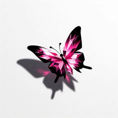 a pink and black butterfly flying in the air with shadow on it's back