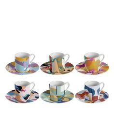 six cups and saucers with different designs on them