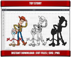 an image of toy story on the computer screen with text that reads instant cut files svg / png