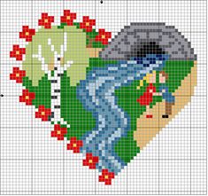 a cross stitch pattern with a heart shaped object in the shape of a waterfall and trees