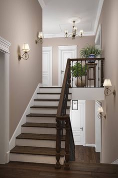 the stairs in this house are lined with potted plants and two lamps on either side