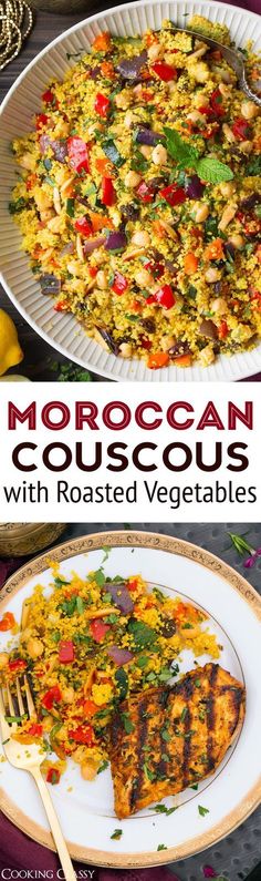 moroccan couscous with roasted vegetables and grilled chicken is an easy dinner recipe