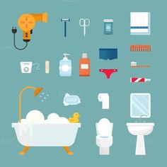 various bathroom items are arranged on a blue background - miscellaneous objects / arts & crafts