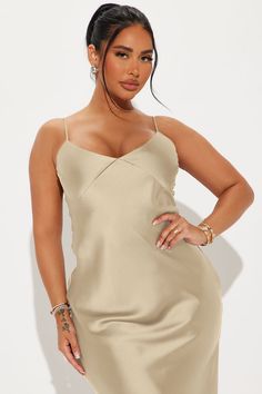 Available In Taupe And Black. Satin Midi Dress Adjustable Spaghetti Straps V-Neckline Slit Stretch 100% Polyester Imported | Draped in Satin Midi Dress in Taupe size Small by Fashion Nova Black Satin Midi Dress, Taupe Fashion, Dress Drape, Satin Midi Dress, Black Satin, Fashion Nova, Spaghetti Strap, Spaghetti, Midi Dress