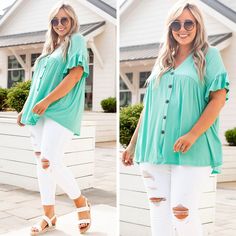 This top is too sweet! It has a flirty and feminine design with a figure-flattering fit you'll want to wear all day long! It's light and flowy and has the cutest ruffled sleeves! Not to mention how easy the solid mint color is to pair with your favorite accessories! Style this top with skinnies and wedges for an effortlessly chic look!
95% Rayon, 5% Spandex  
Made In USA. Summer Flutter Sleeve Ruffled T-shirt, Mint Color, Ruffled Sleeves, Feminine Design, Model Fits, Size 12, White Jeans, Mint, How To Wear