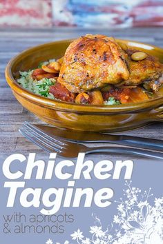 the cover of chicken tagine with apricots and almonds is shown on a table