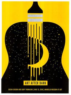 the poster for art after dark is displayed in front of a black and yellow background