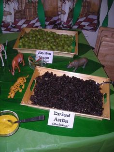 two wooden trays filled with different types of food on top of a green table cloth