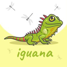 an iguana is sitting on the ground with dragonflies in the background illustration