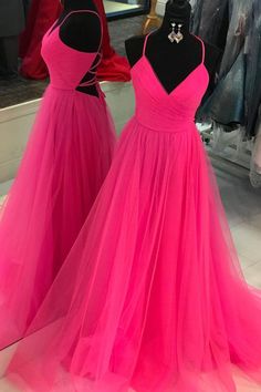 V Neck A-line Hot Pink Long Tulle Prom Graduation Dress with Lace-up Back Hot Pink Prom Dresses, Backless Prom Dress, Simple Prom Dress Long, Dresses Graduation, Prom Dresses Long Pink, Winter Formal Dresses, Simple Prom Dress, Tulle Evening Dress, Homecoming Dresses Long