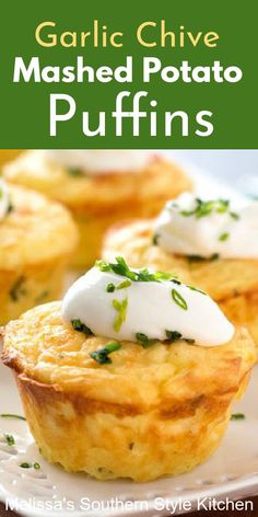 garlic chive mashed potato puffins on a white plate with text overlay