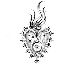 a black and white drawing of a heart with sun and moon designs on the side