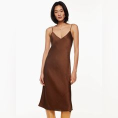 Color: Mocha Sorbet/Cognac Nwt Never Worn Fit: Classic Follows Your Contours With A Little Room Length: Midi Intended To Hit Between Knee And Mid Calf Model Is 5'10"/178cm Wearing A Size S On Average, Customers Say It Fits True To Size Light Brown Slip Dress, Coffee Silk Dress, Aritzia Only Slip Dress, Only Slip Midi Dress Aritzia, Brown Aritzia Dress, Brown Fitted V-neck Slip Dress, Brown Silk V-neck Dress, Fitted Brown V-neck Slip Dress, Fitted Brown Slip Dress