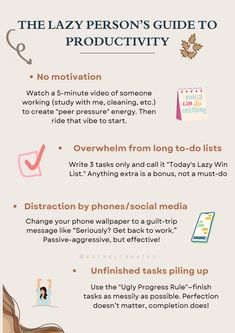 the lazy person's guide to productivity info sheet with text and images on it