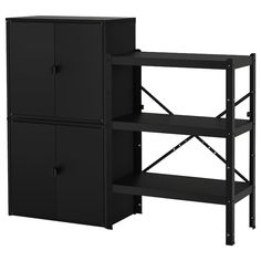 a black bookcase with two doors on the front and one door open to reveal a shelf