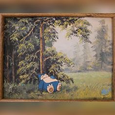 an oil painting of a cartoon character in the middle of a forest with trees and grass