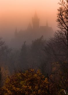 a castle in the distance with trees and fog on it's sides at sunset