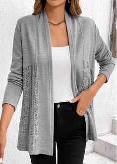 Color:Grey;Size:S;Size:M;Size:L;Size:XL;Size:XXL;Package Contents:1 X Cardigan;Occasion:Other;Style:Casual; Trendy Swimsuits, Trendy Tops For Women, Professional Style, Lace Decor, Lace Patchwork, Grey Cardigan, Women Shirts Blouse, Sleeve Cardigan, Cardigan Tops