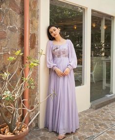 Hand embroidered Anarkali  /light lavender anarkali suit set /mauve anarkali dupatta USA / Indian anarkali/ Indian dresses/ voggish /lavender  ballon sleeves anarkali dress          Looking for a perfect indian dress/anarkali/suit sets that are trendy, unique and easy to carry !! yess, You are at the right place. we carry such versatile pieces of anarkalis and suit sets that really let you stand out in any occassion !!      featuring this beautiful pure silk and georgette anarkali dress in mauve color with hand embroidered on body  and ballon sleeves design as shown !! A very classy, beautiful , light dress that can be mix and matched with many outfits and easy to carry !! can be customized with any sleeves and colors !!  Details :  - deep U neck front and back  - color : mauve (light lave Lavender Dress Indian Anarkali, V Neck Anarkali Suits, Elegant Purple Long Sleeve Anarkali Set, Purple Chikankari Embroidered Floor-length Salwar Kameez, Purple Long Sleeve Anarkali Set For Festive Occasion, Eid Purple Anarkali Set With Floral Embroidery, Elegant Lavender Anarkali Set For Festive Season, Elegant Lavender Anarkali Set With Resham Embroidery, Purple Anarkali Set With Floral Embroidery For Eid