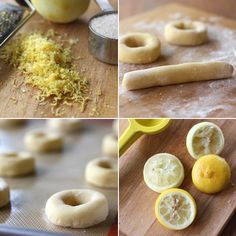 there are several pictures of doughnuts and lemons on the baking sheet, with one being sliced in half