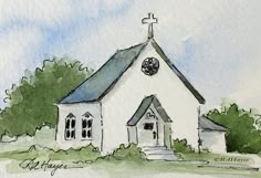 a drawing of a church with a clock on it