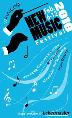 a poster for the new music festival with musical notes and hand - drawn hands, on a blue background