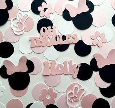 pink and black mickey mouse cutouts with the words oh troubles hoy on them