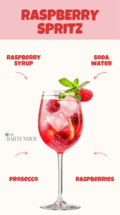 Raspberry Spritz Spritz Drink Recipe, Raspberry Prosecco Cocktail, Raspberry Syrup Cocktail, Raspberry Syrup Drinks, Pink Spritz Cocktail, Spritz Recipes Alcohol, Pink Prosecco Cocktail, Rose Prosecco Cocktail, Cute Cocktail Glasses