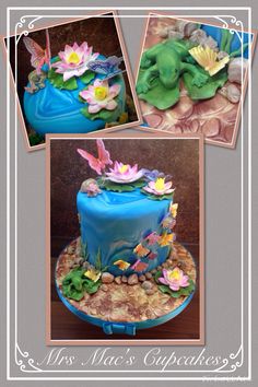 two pictures of a cake with flowers and fish on it, one is blue the other is green