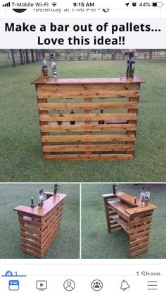 a wooden bar made out of pallets with bottles on top