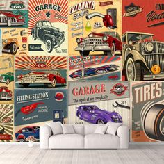 The large wall murals are extremely easy to apply, remove or reposition. Just peel & stick. IDEA4WALL Size: 8.33' W x 12' L | IDEA4WALL Car Garage Collage Paintable Wall Mural 100.0 W in Vinyl in Pink | 8.33' W x 12' L | Wayfair | Home Decor Garage Wall Mural, Cool Man Cave Ideas, Garage Mural, Cars Mural, Car Showroom Interior, Vintage Car Garage, Large Wall Stickers, Large Wall Murals, Garage Conversion