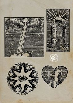 an old book with pictures and symbols on the pages, including a ladder to heaven