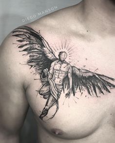 a man with an angel tattoo on his chest