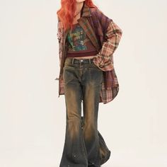 Z-218-15 Shibuya Kei Fashion, 일본 패션, Mia 3, Plaid Blouse, Cool Fits, 여자 패션, Art References, 2000s Fashion, Flared Jeans