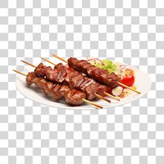 meat skewers on a plate with vegetables and sauces png clipart