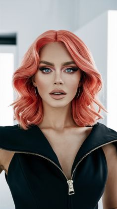 This vibrant hairstyle combines neon coral pastel with rose gold strawberry blonde for a bold, eye-catching look. Pumpkin orange and copper hues create depth, adding a radiant glow to the waves. Perfect for women seeking a standout trend for 2025, this style exudes confidence. Coral Highlights, Peach Hair Color, Neon Highlights, Peach Hair Colors, Voluminous Waves, Pastel Highlights, Rose Gold Ombre, Peach Hair, Hollywood Waves