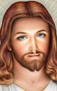 the face of jesus with long hair and blue eyes