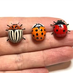 three ladybugs sitting on top of each other in the palm of someone's hand