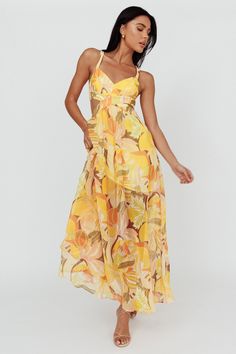 Maura Lace-Up Back Maxi Dress Floral Yellow by Selfie Leslie Lined Backless Dress For Garden Parties, Backless Lined Dress For Garden Party, Fitted Maxi Dress With Lace-up Back For Vacation, Vacation Midi Dress With Cutout Details, Vacation Cutout Midi Dress, Spring V-neck Maxi Dress With Cutout, Summer Floor-length Cutout Dress, Beach Floor-length Cutout Dress, Floor-length Cutout Dress For Beach