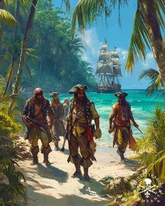 three pirates are walking on the beach