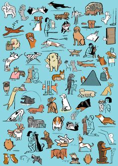 an image of many dogs and cats on a blue background with the words, i love you