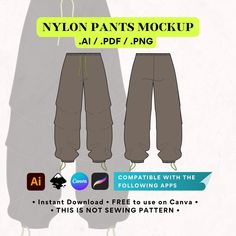 This DIGITAL mockup is perfect for testing out different designs on streetwear styles before you send details to manufacturer. Ideal for planning outfits, launching new collections, brainstorming creative ideas, and making eye-catching advertisements for your listings.  This Streetwear Nylon Pants vector mockup is a versatile tool for your streetwear design projects. PLEASE NOTE, THIS IS NOT SEWING PATTERNS. What You're Purchasing: - An editable A4 format Adobe Illustrator (.AI) file for designi Planning Outfits, Baggy Clothing, Illustrator Template, Top Streetwear Brands, Digital Mockup, Streetwear Styles, Outfit Plan, Nylon Pants, Clothing Mockup