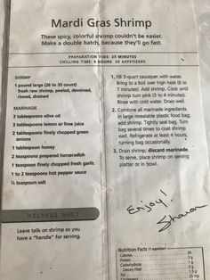 the menu for mardi gras shrimp with instructions on how to cook it and what to use it